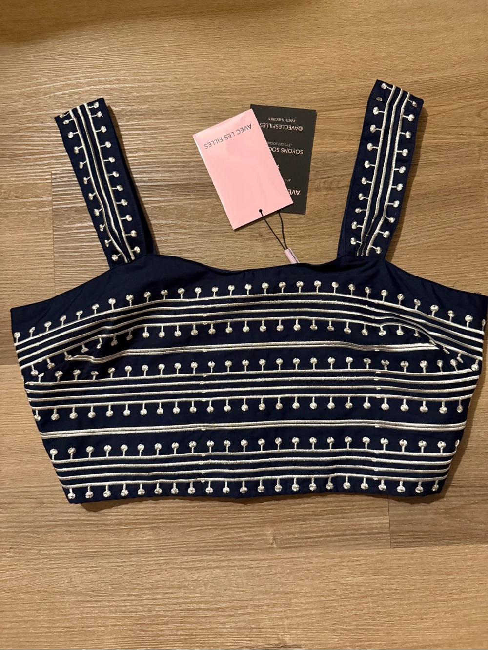 Avec Les Filles Navy and White Embroidered Crop Top